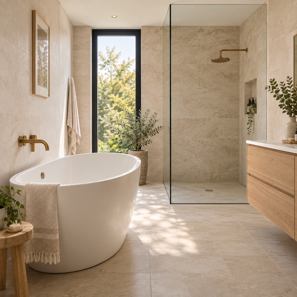 A limestone bathroom with a freestanding bath