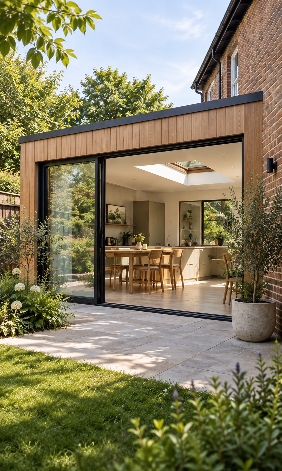 A brick home with an oak-clad garden extension