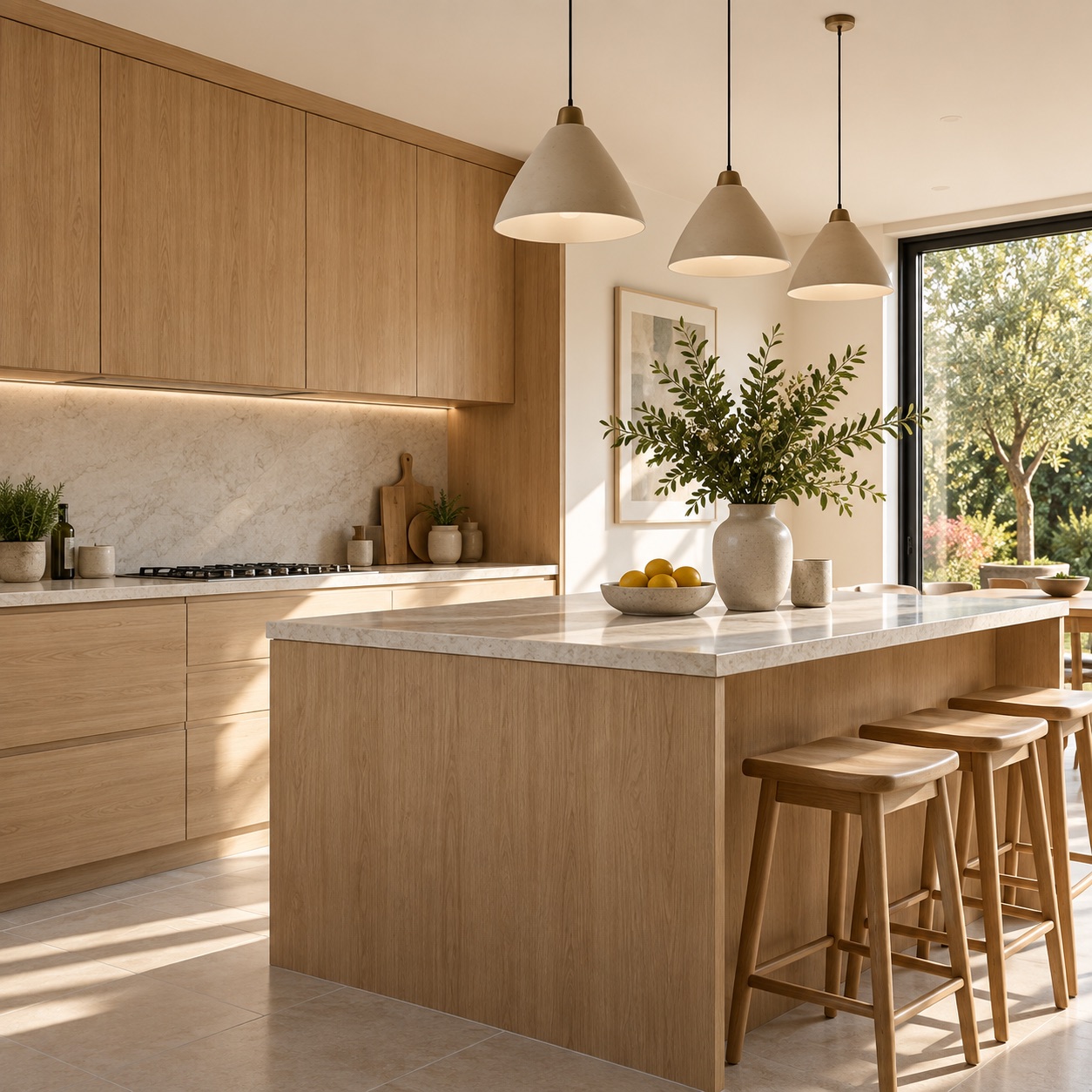 An oak kitchen with a pale stone island