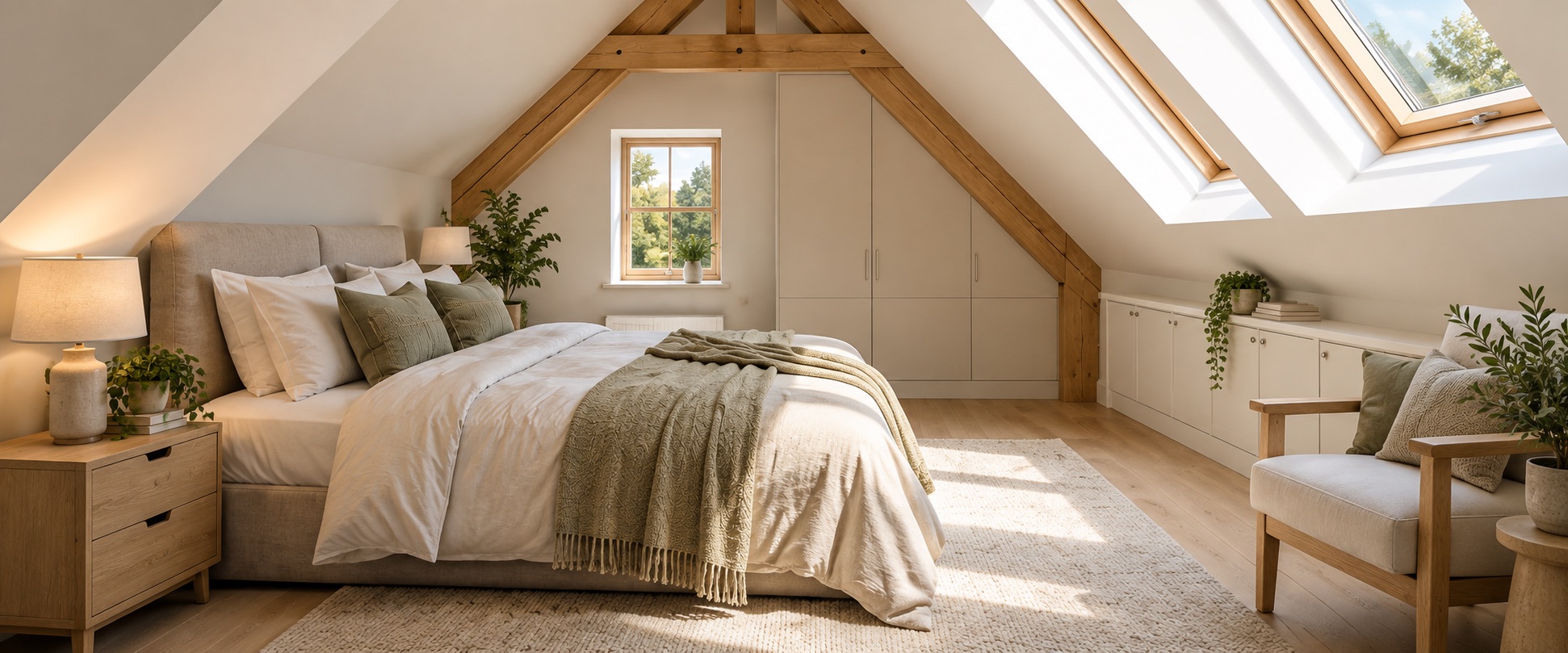 A bright loft room with exposed oak beams
