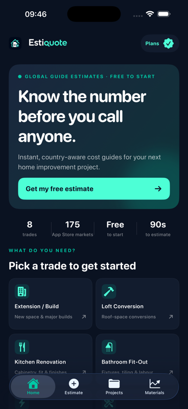 Estiquote home screen showing the approved house, estimate and check identity with project choices