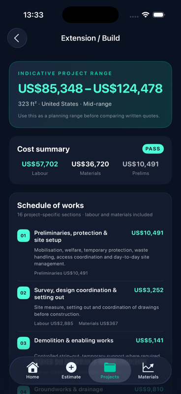 Estiquote Project Pass screen showing a numbered, project-specific schedule of works